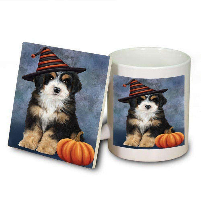 Happy Halloween Bernedoodle Dog Wearing Witch Hat with Pumpkin Mug and Coaster Set