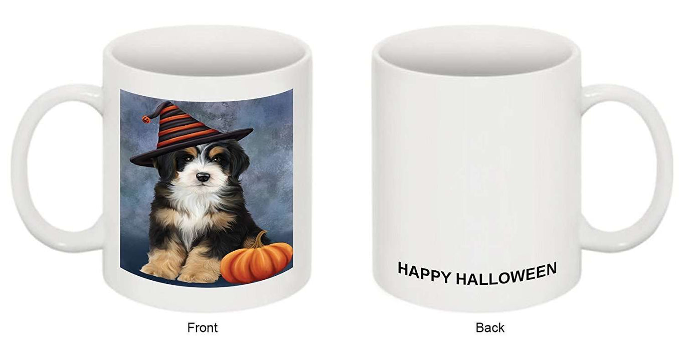Happy Halloween Bernedoodle Dog Wearing Witch Hat with Pumpkin Mug