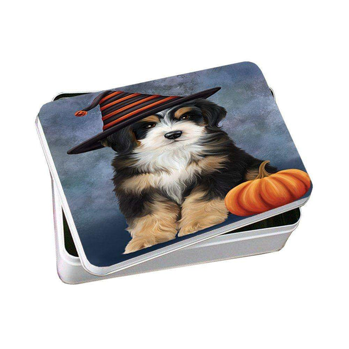 Happy Halloween Bernedoodle Dog Wearing Witch Hat with Pumpkin Photo Storage Tin