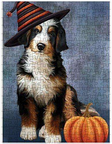 Happy Halloween Bernedoodle Dog Wearing Witch Hat with Pumpkin Puzzle with Photo Tin (300 pc.)