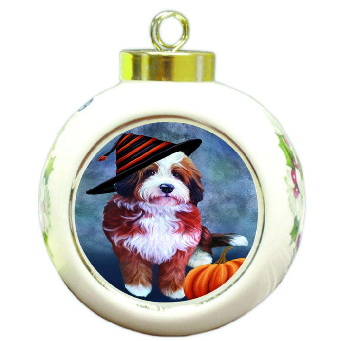 Happy Halloween Bernedoodle Dog Wearing Witch Hat with Pumpkin Round Ball Christmas Ornament RBPOR54992