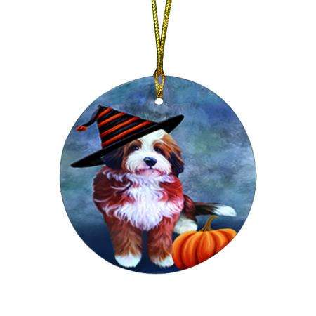 Happy Halloween Bernedoodle Dog Wearing Witch Hat with Pumpkin Round Flat Christmas Ornament RFPOR54983