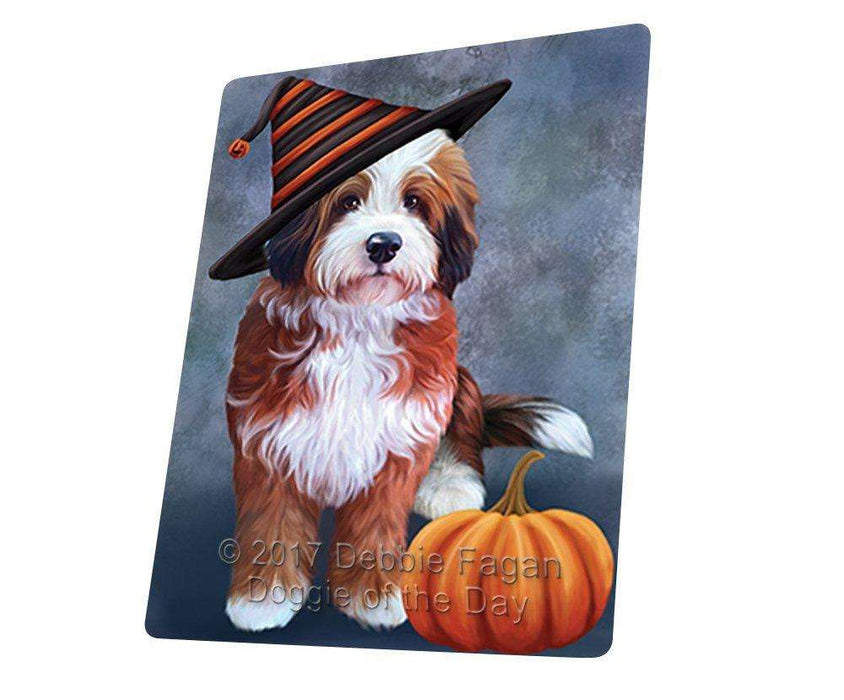 Happy Halloween Bernedoodle Dog Wearing Witch Hat with Pumpkin Tempered Cutting Board