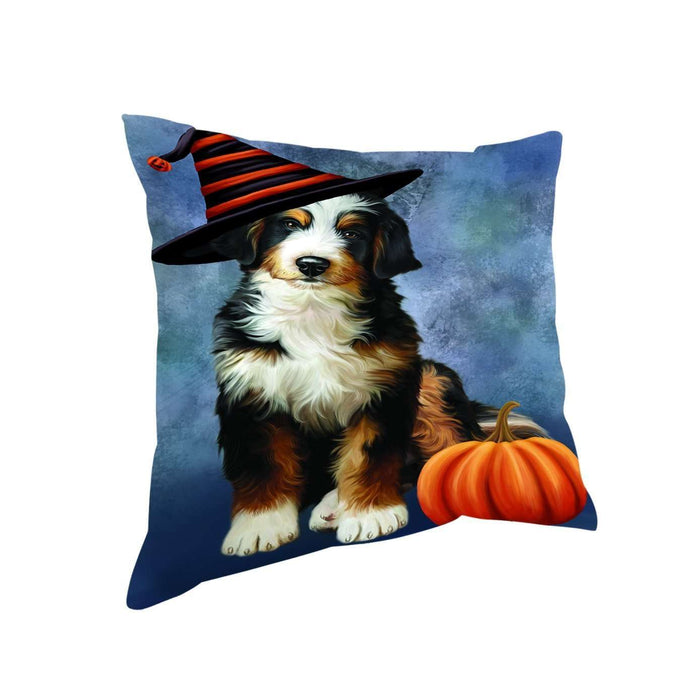 Happy Halloween Bernedoodle Dog Wearing Witch Hat with Pumpkin Throw Pillow