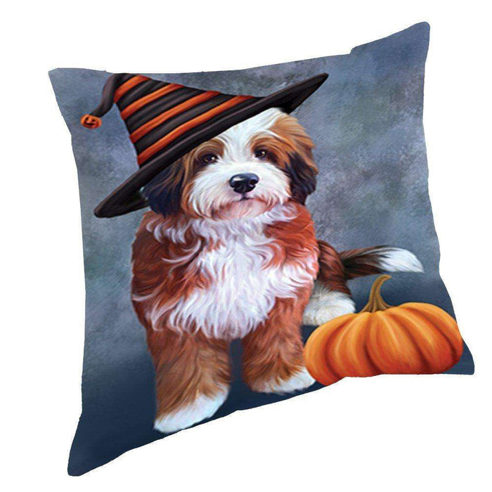 Happy Halloween Bernedoodle Dog Wearing Witch Hat with Pumpkin Throw Pillow