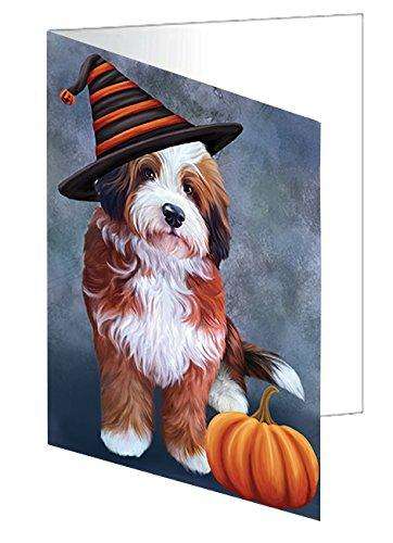 Happy Halloween Bernedoodle Dog with Witch Hat with Pumpkin Handmade Artwork Assorted Pets Greeting Cards and Note Cards with Envelopes for All Occasions and Holiday Seasons