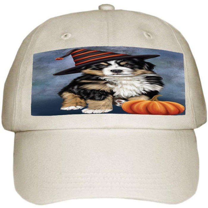 Happy Halloween Bernese Dog Wearing Witch Hat with Pumpkin Ball Hat Cap