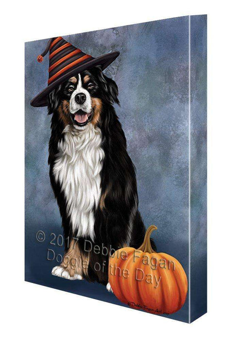 Happy Halloween Bernese Dog Wearing Witch Hat with Pumpkin Canvas Wall Art
