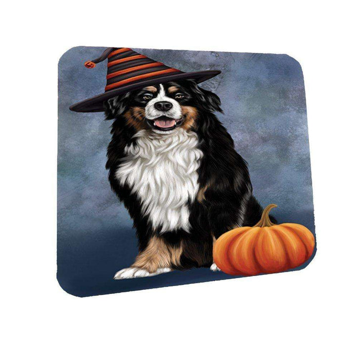 Happy Halloween Bernese Dog Wearing Witch Hat with Pumpkin Coasters Set of 4