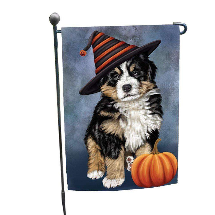 Happy Halloween Bernese Dog Wearing Witch Hat with Pumpkin Garden Flag