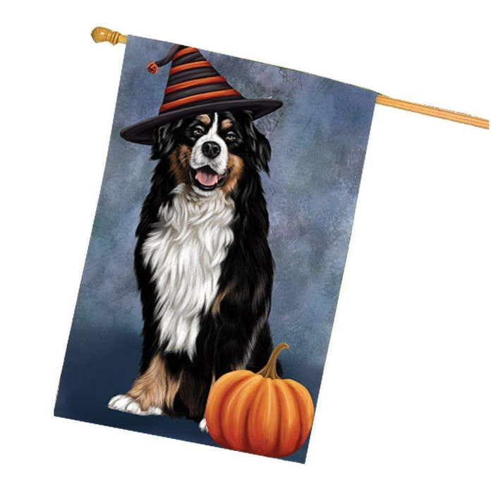 Happy Halloween Bernese Dog Wearing Witch Hat with Pumpkin House Flag
