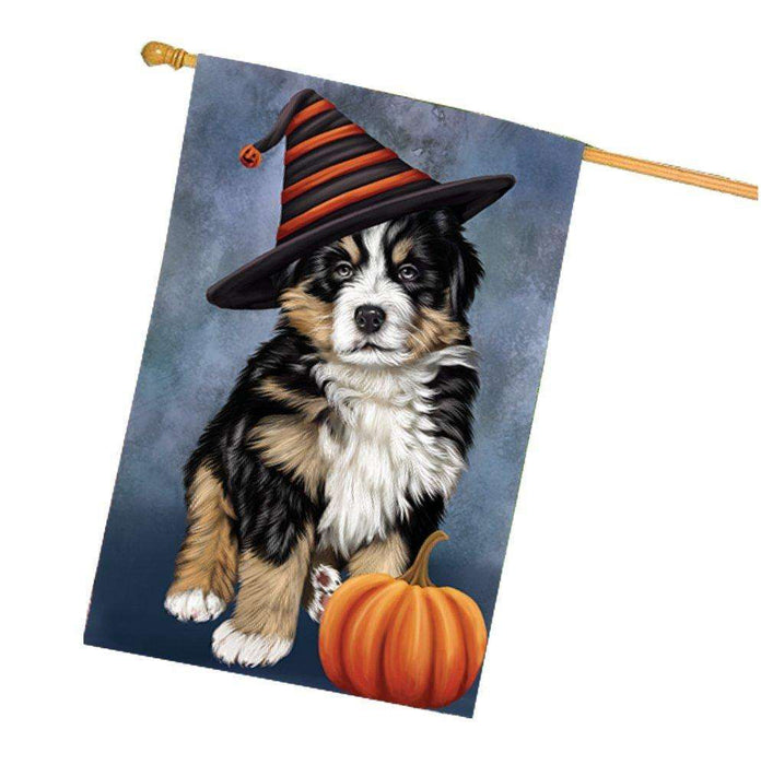 Happy Halloween Bernese Dog Wearing Witch Hat with Pumpkin House Flag
