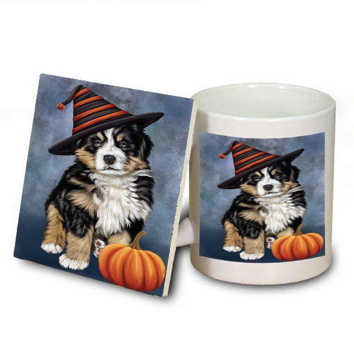 Happy Halloween Bernese Dog Wearing Witch Hat with Pumpkin Mug and Coaster Set