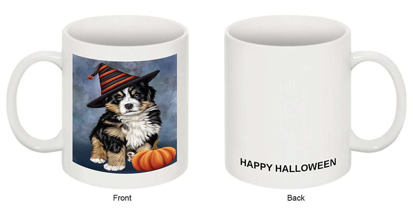 Happy Halloween Bernese Dog Wearing Witch Hat with Pumpkin Mug