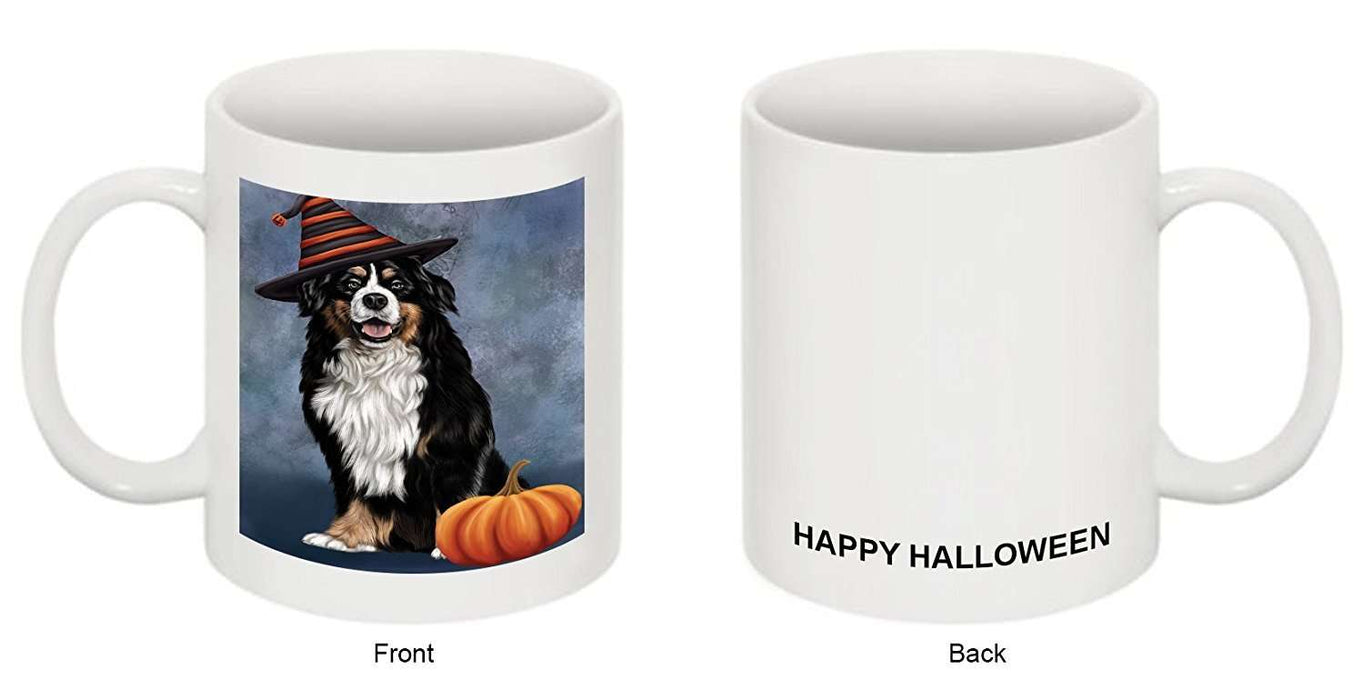 Happy Halloween Bernese Dog Wearing Witch Hat with Pumpkin Mug