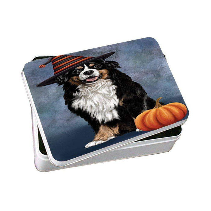 Happy Halloween Bernese Dog Wearing Witch Hat with Pumpkin Photo Storage Tin