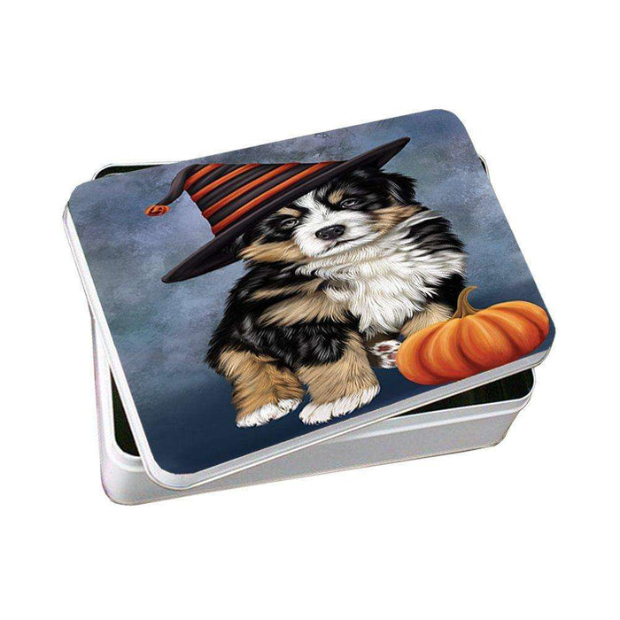Happy Halloween Bernese Dog Wearing Witch Hat with Pumpkin Photo Storage Tin