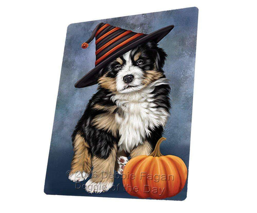 Happy Halloween Bernese Dog Wearing Witch Hat with Pumpkin Tempered Cutting Board