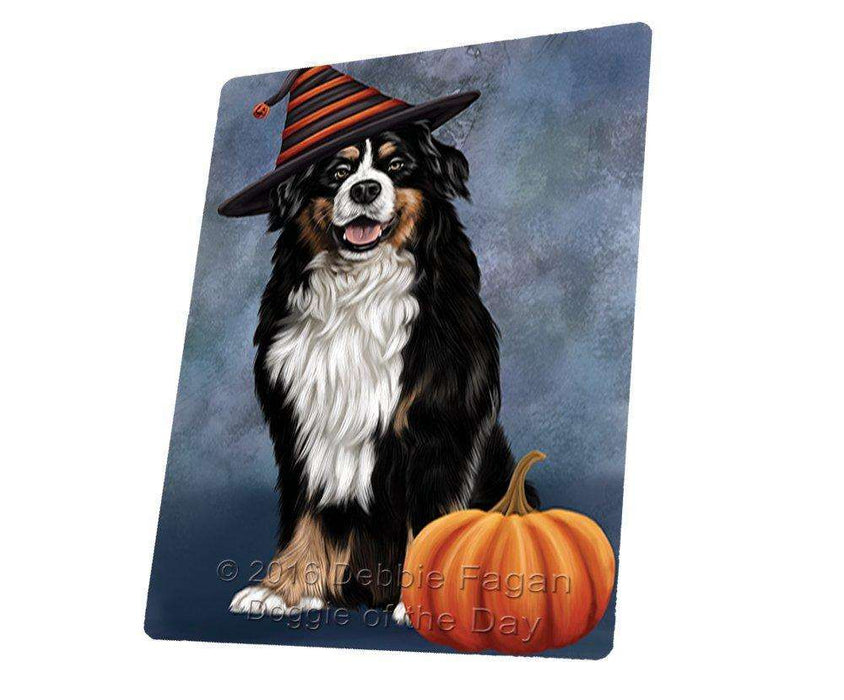 Happy Halloween Bernese Dog Wearing Witch Hat with Pumpkin Tempered Cutting Board