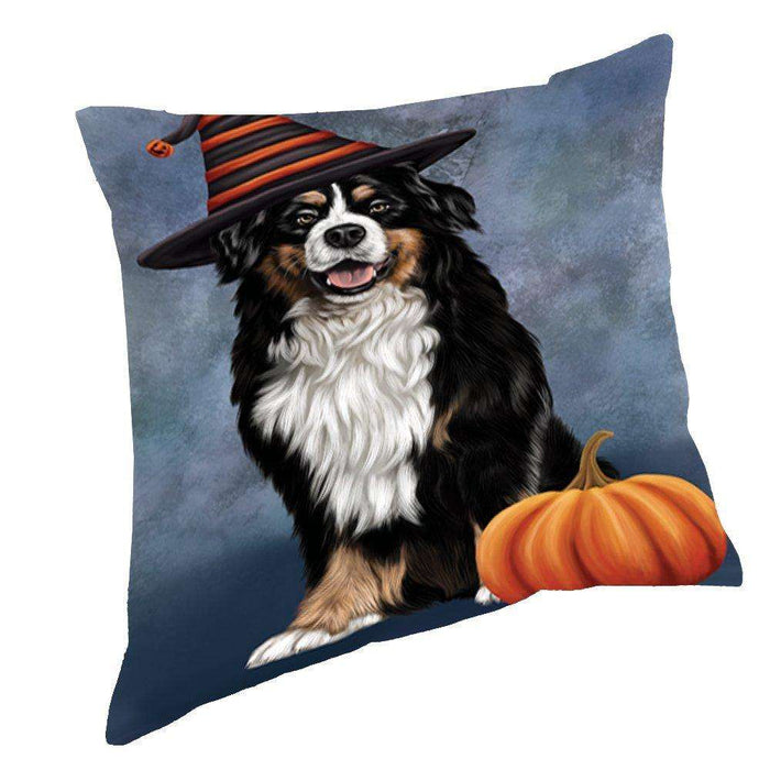 Happy Halloween Bernese Dog Wearing Witch Hat with Pumpkin Throw Pillow