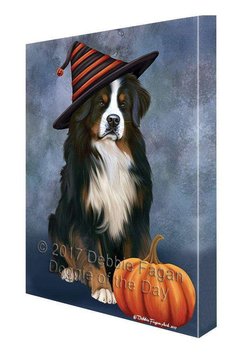 Happy Halloween Bernese Mountain Dog Donning Witch Hat with Pumpkin Wall Art Canvas