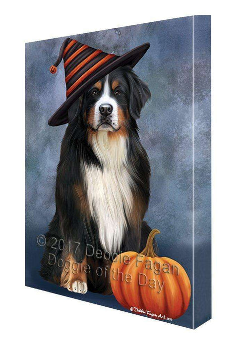 Happy Halloween Bernese Mountain Dog Sporting Witch Hat with Pumpkin Wall Art Canvas