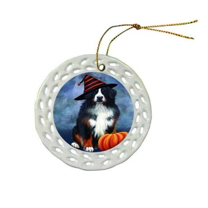 Happy Halloween Bernese Mountain Dog Wearing Witch Hat with Pumpkin Ceramic Doily Ornament DPOR55060
