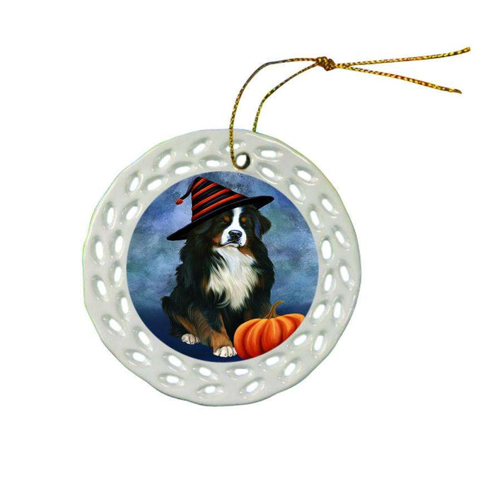 Happy Halloween Bernese Mountain Dog Wearing Witch Hat with Pumpkin Ceramic Doily Ornament DPOR55061