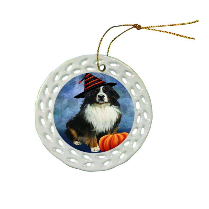 Happy Halloween Bernese Mountain Dog Wearing Witch Hat with Pumpkin Ceramic Doily Ornament DPOR55063