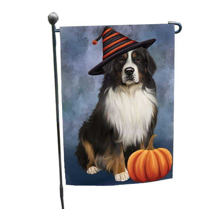 Happy Halloween Bernese Mountain Dog Wearing Witch Hat with Pumpkin Garden Flag