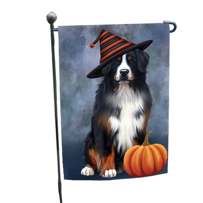 Happy Halloween Bernese Mountain Dog Wearing Witch Hat with Pumpkin Garden Flag