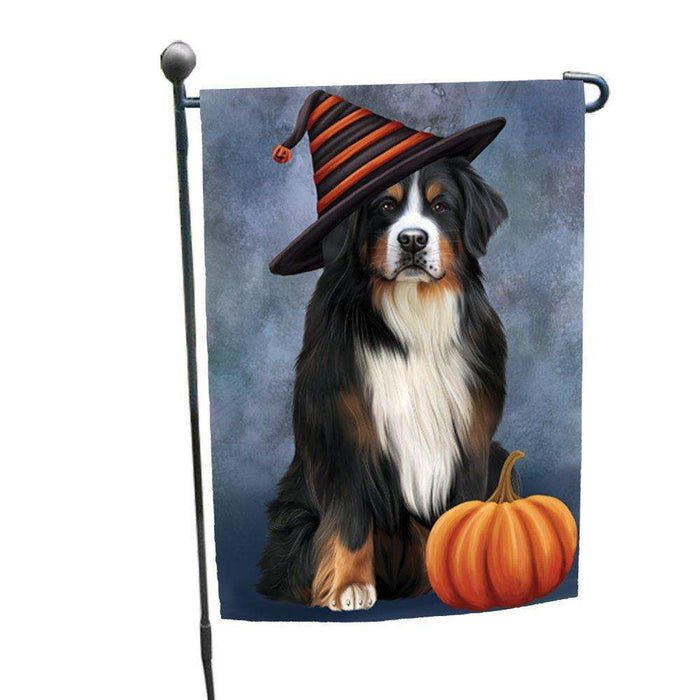 Happy Halloween Bernese Mountain Dog Wearing Witch Hat with Pumpkin Garden Flag