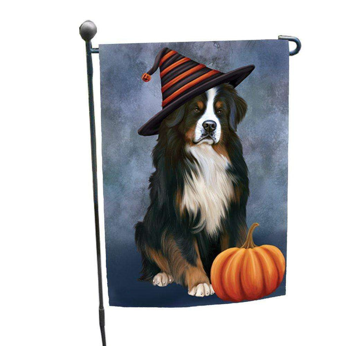 Happy Halloween Bernese Mountain Dog Wearing Witch Hat with Pumpkin Garden Flag