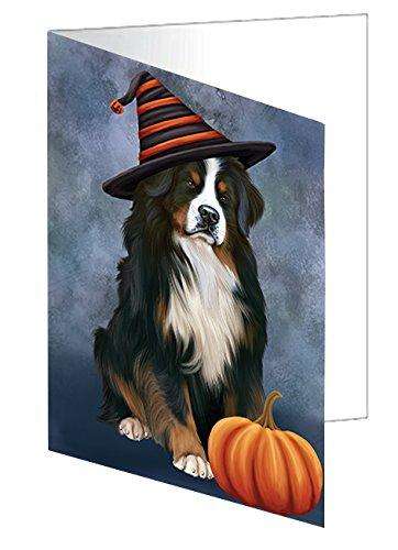 Happy Halloween Bernese Mountain Dog Wearing Witch Hat with Pumpkin Handmade Artwork Assorted Pets Greeting Cards and Note Cards with Envelopes for All Occasions and Holiday Seasons D461