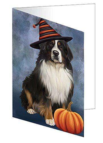 Happy Halloween Bernese Mountain Dog Wearing Witch Hat with Pumpkin Handmade Artwork Assorted Pets Greeting Cards and Note Cards with Envelopes for All Occasions and Holiday Seasons D463