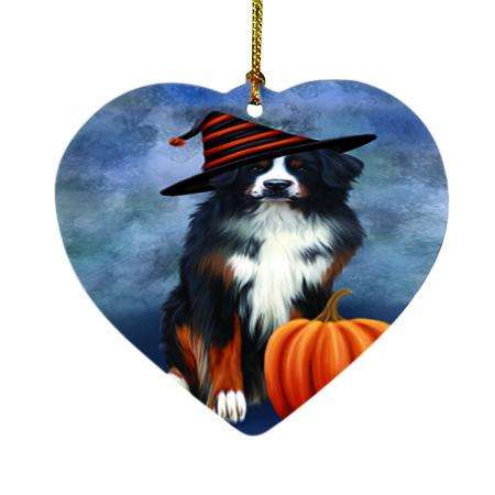Happy Halloween Bernese Mountain Dog Wearing Witch Hat with Pumpkin Heart Christmas Ornament HPOR55060