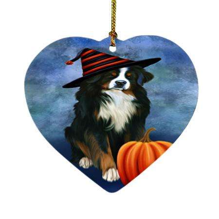 Happy Halloween Bernese Mountain Dog Wearing Witch Hat with Pumpkin Heart Christmas Ornament HPOR55061