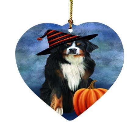 Happy Halloween Bernese Mountain Dog Wearing Witch Hat with Pumpkin Heart Christmas Ornament HPOR55062