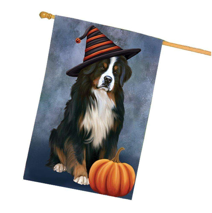 Happy Halloween Bernese Mountain Dog Wearing Witch Hat with Pumpkin House Flag