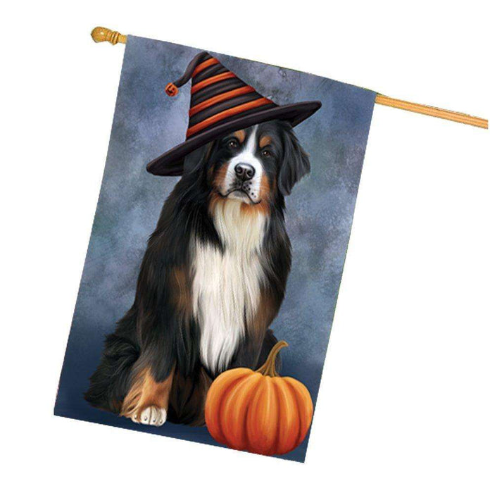 Happy Halloween Bernese Mountain Dog Wearing Witch Hat with Pumpkin House Flag