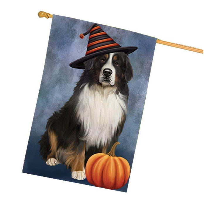 Happy Halloween Bernese Mountain Dog Wearing Witch Hat with Pumpkin House Flag