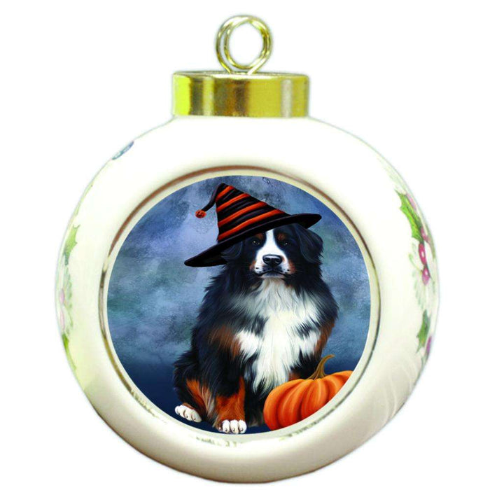 Happy Halloween Bernese Mountain Dog Wearing Witch Hat with Pumpkin Round Ball Christmas Ornament RBPOR55060