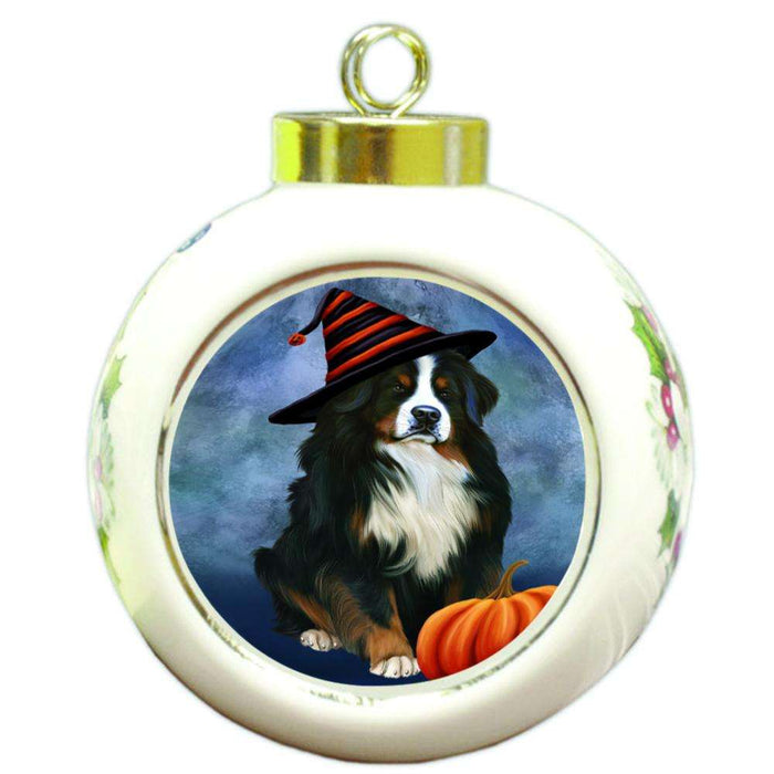 Happy Halloween Bernese Mountain Dog Wearing Witch Hat with Pumpkin Round Ball Christmas Ornament RBPOR55061