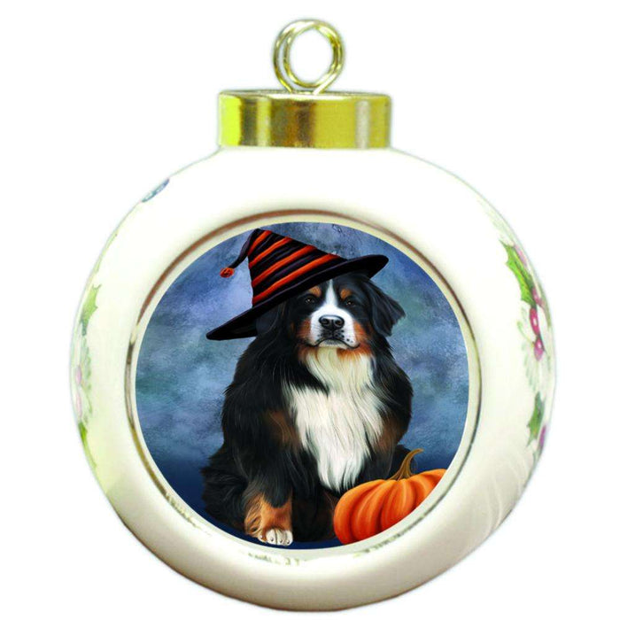 Happy Halloween Bernese Mountain Dog Wearing Witch Hat with Pumpkin Round Ball Christmas Ornament RBPOR55062