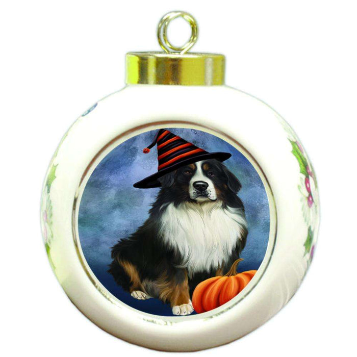 Happy Halloween Bernese Mountain Dog Wearing Witch Hat with Pumpkin Round Ball Christmas Ornament RBPOR55063