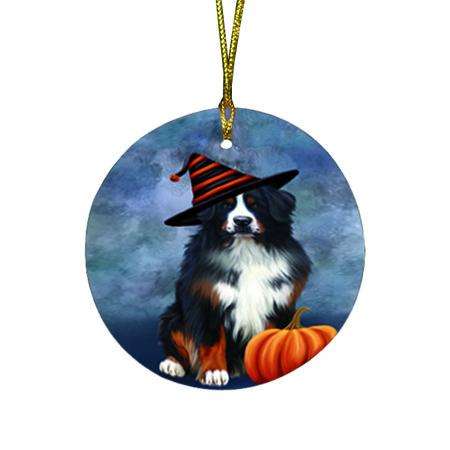 Happy Halloween Bernese Mountain Dog Wearing Witch Hat with Pumpkin Round Flat Christmas Ornament RFPOR55051