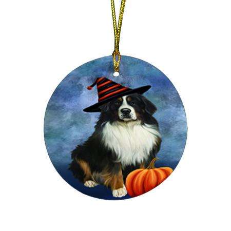 Happy Halloween Bernese Mountain Dog Wearing Witch Hat with Pumpkin Round Flat Christmas Ornament RFPOR55054