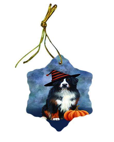 Happy Halloween Bernese Mountain Dog Wearing Witch Hat with Pumpkin Star Porcelain Ornament SPOR55051
