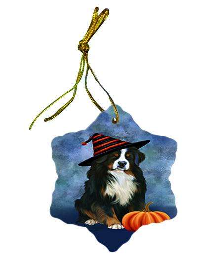 Happy Halloween Bernese Mountain Dog Wearing Witch Hat with Pumpkin Star Porcelain Ornament SPOR55052