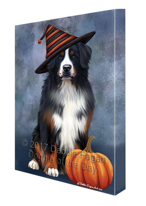 Happy Halloween Bernese Mountain Dog Wearing Witch Hat with Pumpkin Wall Art Canvas